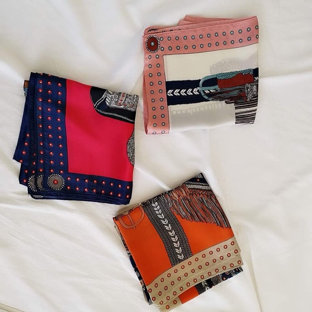 Silk Feeling Scarf Medium Square Satin Head 01 Dark Blue Edge - Picture 6 of 7